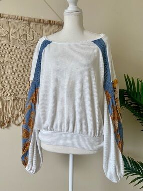 Free People Casual Clash Boho Top Medium Statement Sleeves Mixed Print